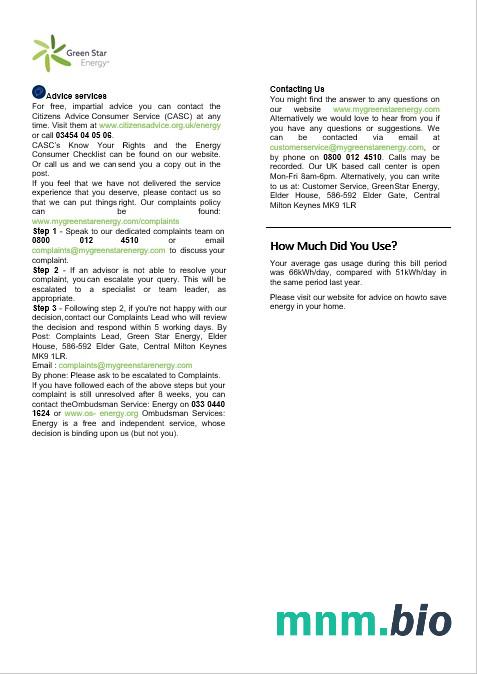 Wielka Brytania Green Star Energy energy rachunek za usługi komunalne formaty Word i PDF, 3 strony 3